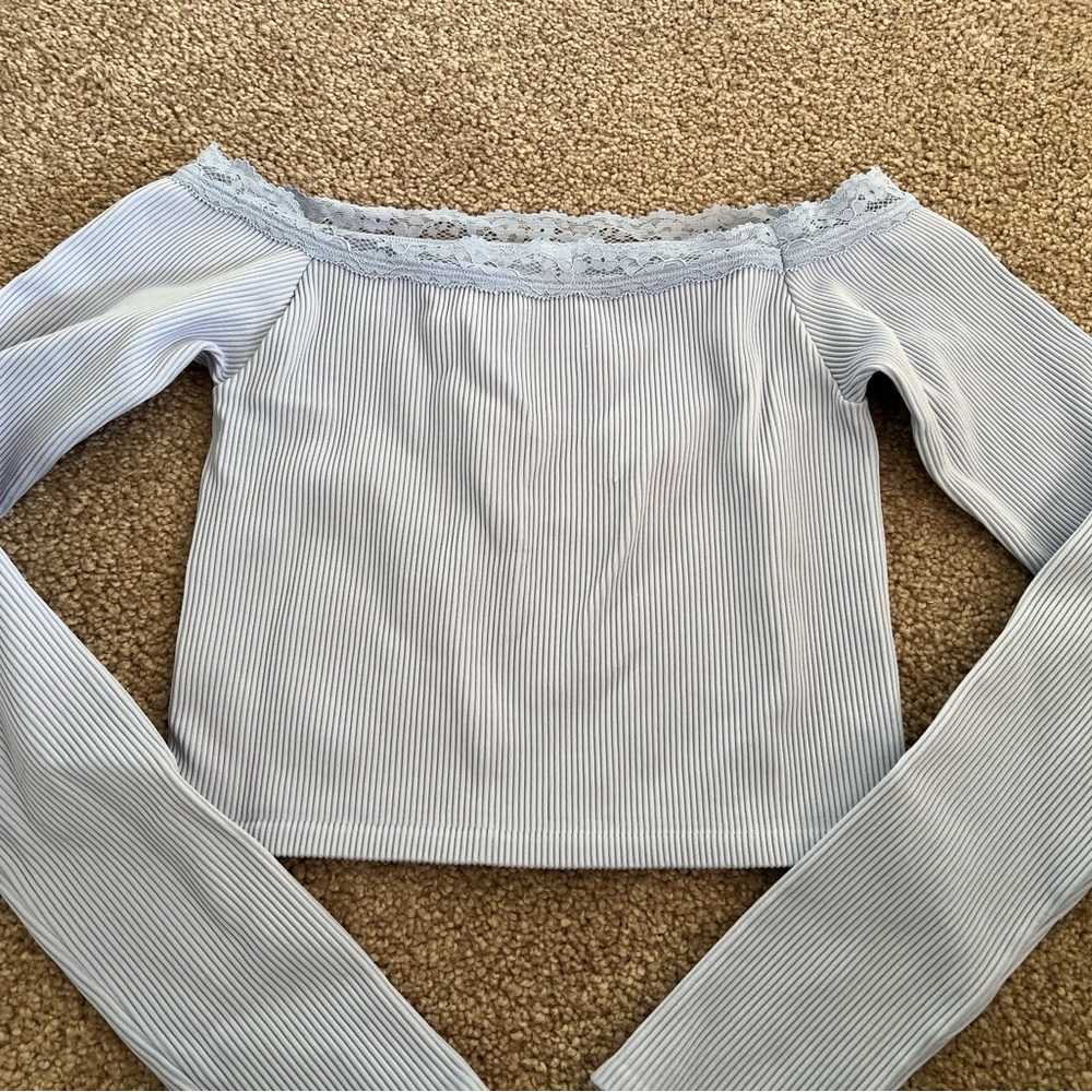 Urban Outfitters Blue Striped Lace Trim Blouse